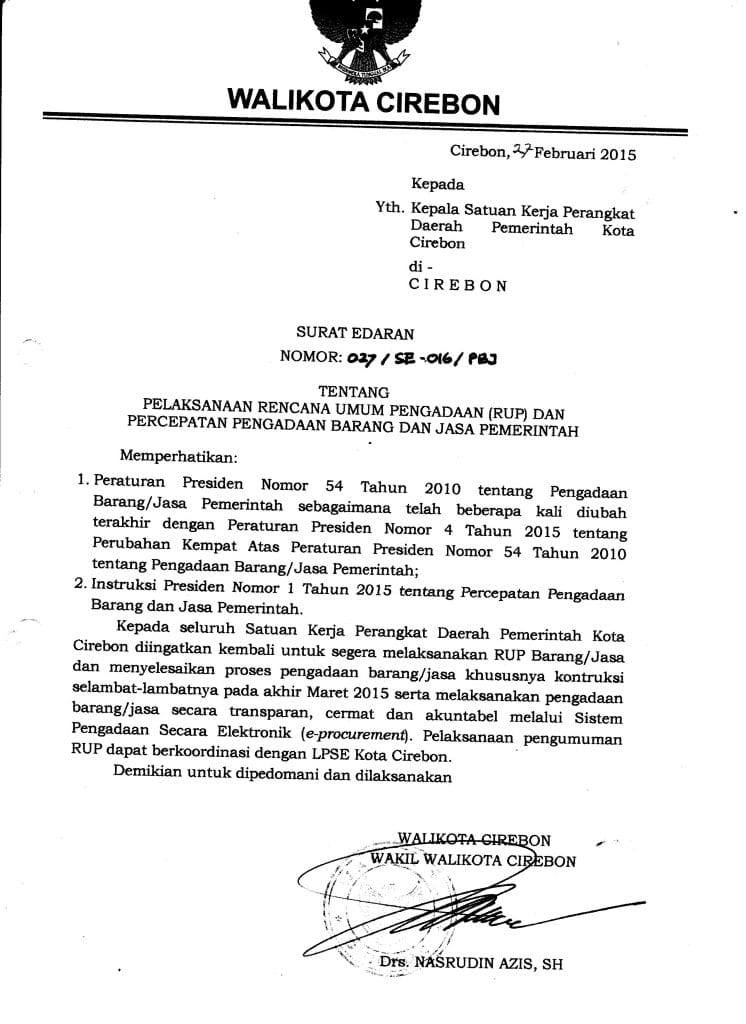 Surat Edaran Walikota Cirebon tentang Pelaksanaan RUP dan Surat Edaran Walikota Cirebon tentang Pelaksanaan RUP dan